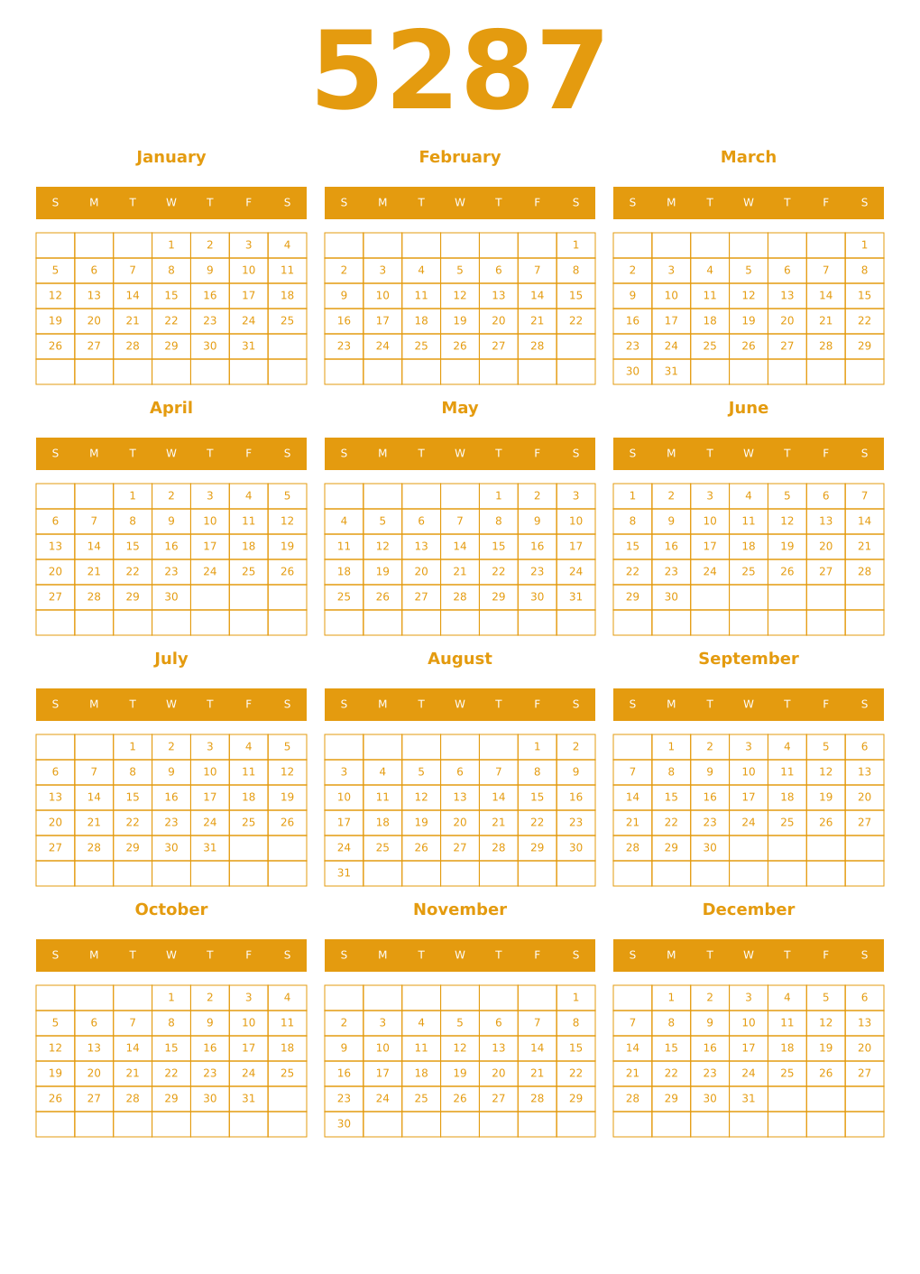 Printable 5287 Year Calendars gamboge