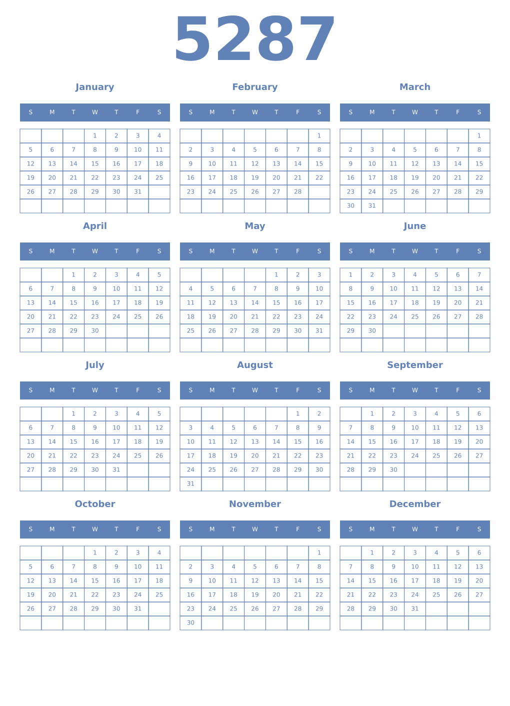 Printable 5287 Year Calendars glaucous