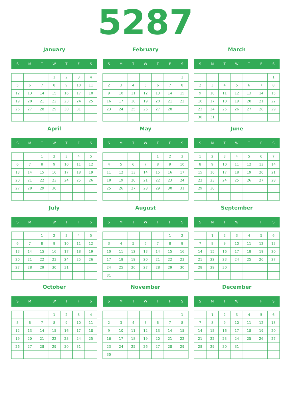 Printable 5287 Year Calendars green