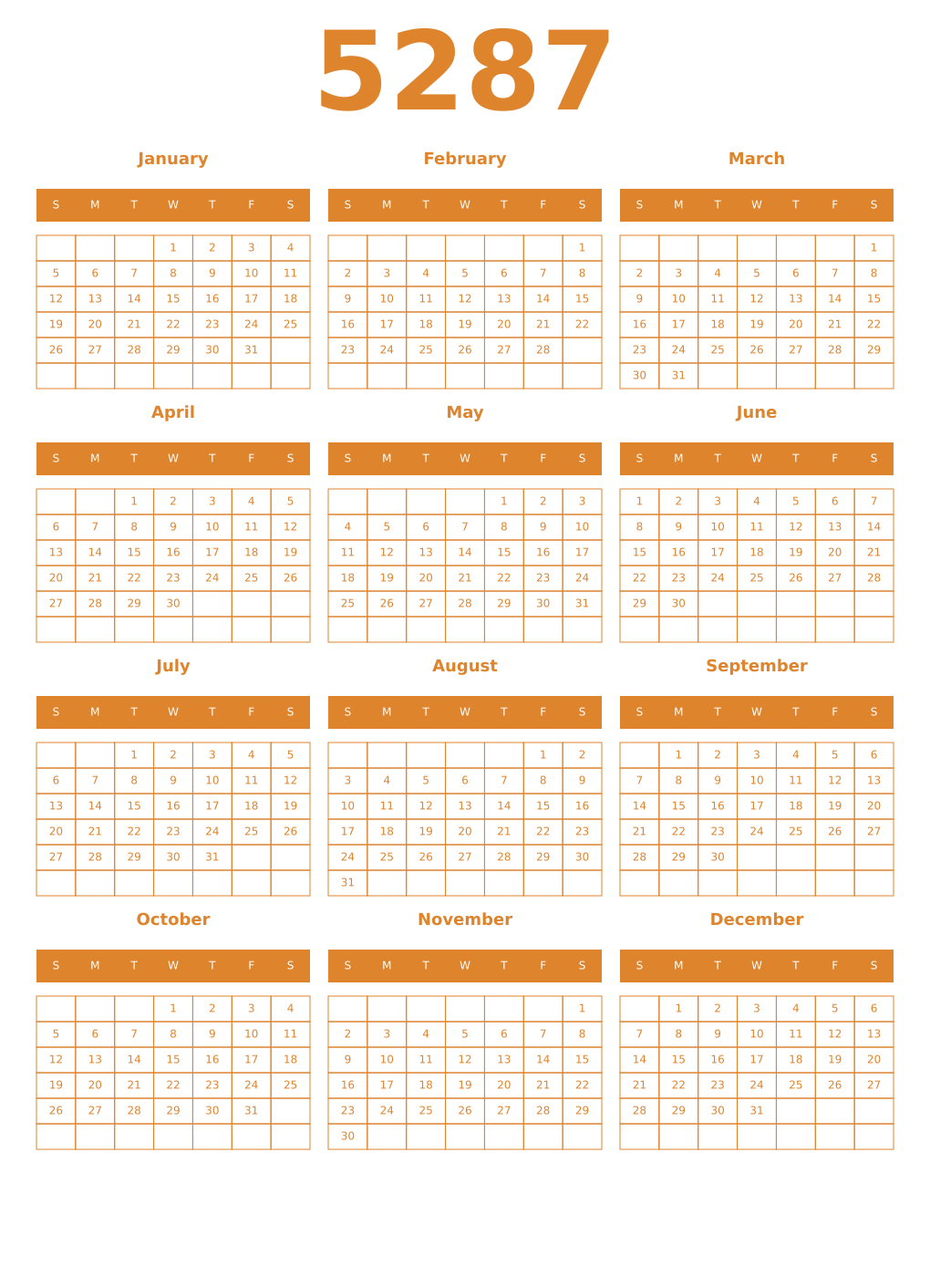 Printable 5287 Year Calendars orange
