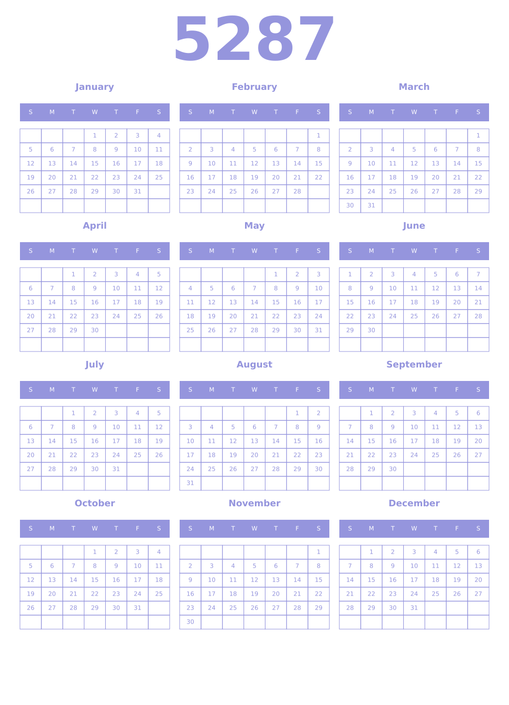 Printable 5287 Year Calendars periwinkle