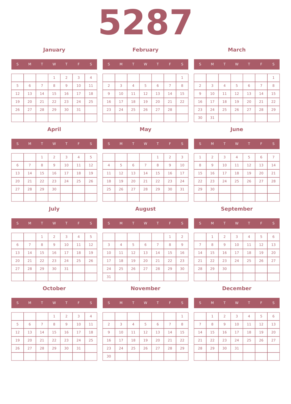 Printable 5287 Year Calendars puce