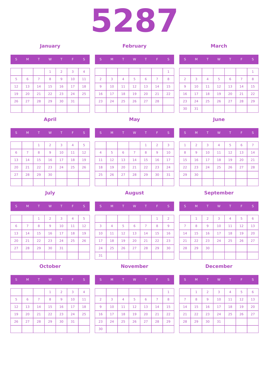 Printable 5287 Year Calendars purple