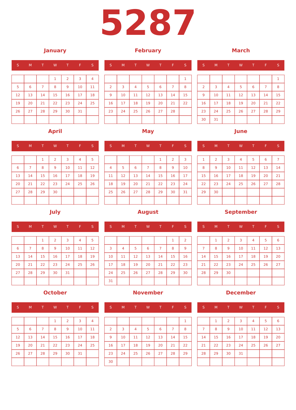 Printable 5287 Year Calendars red