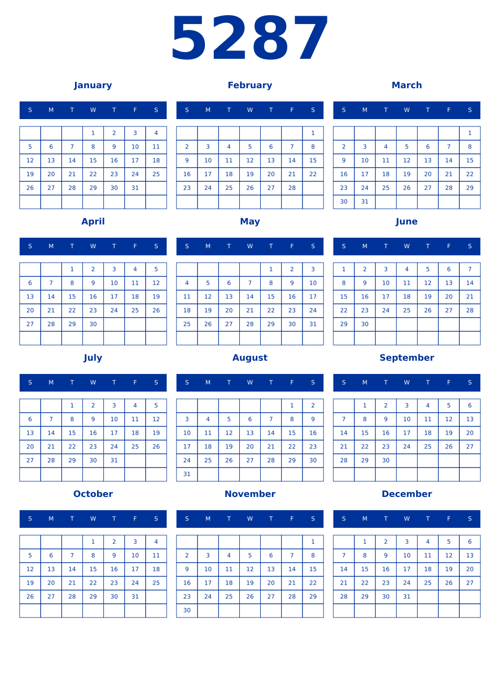 Printable 5287 Year Calendars smalt