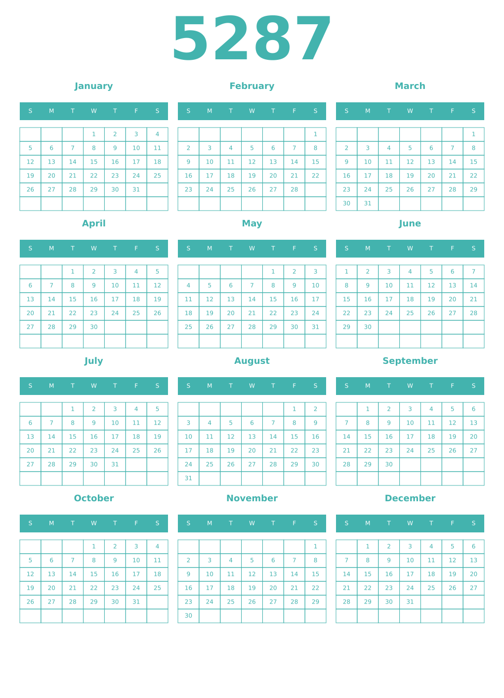 Printable 5287 Year Calendars verdigris