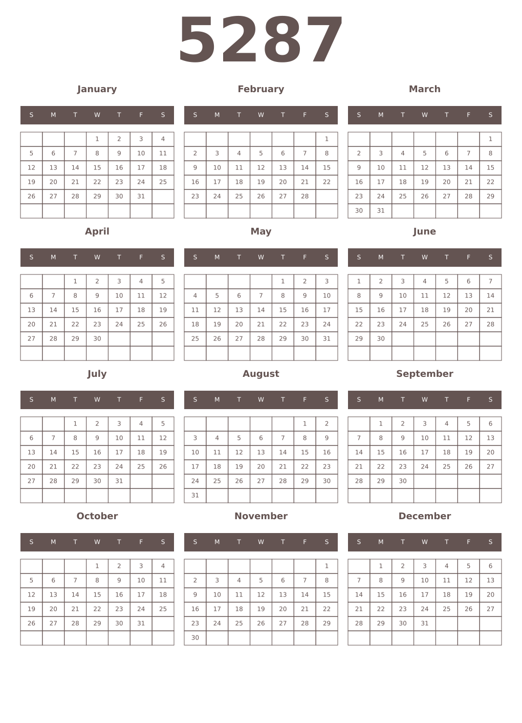 Printable 5287 Year Calendars wenge