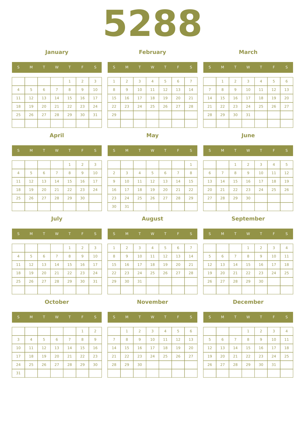 Printable 5288 Year Calendars eburnean
