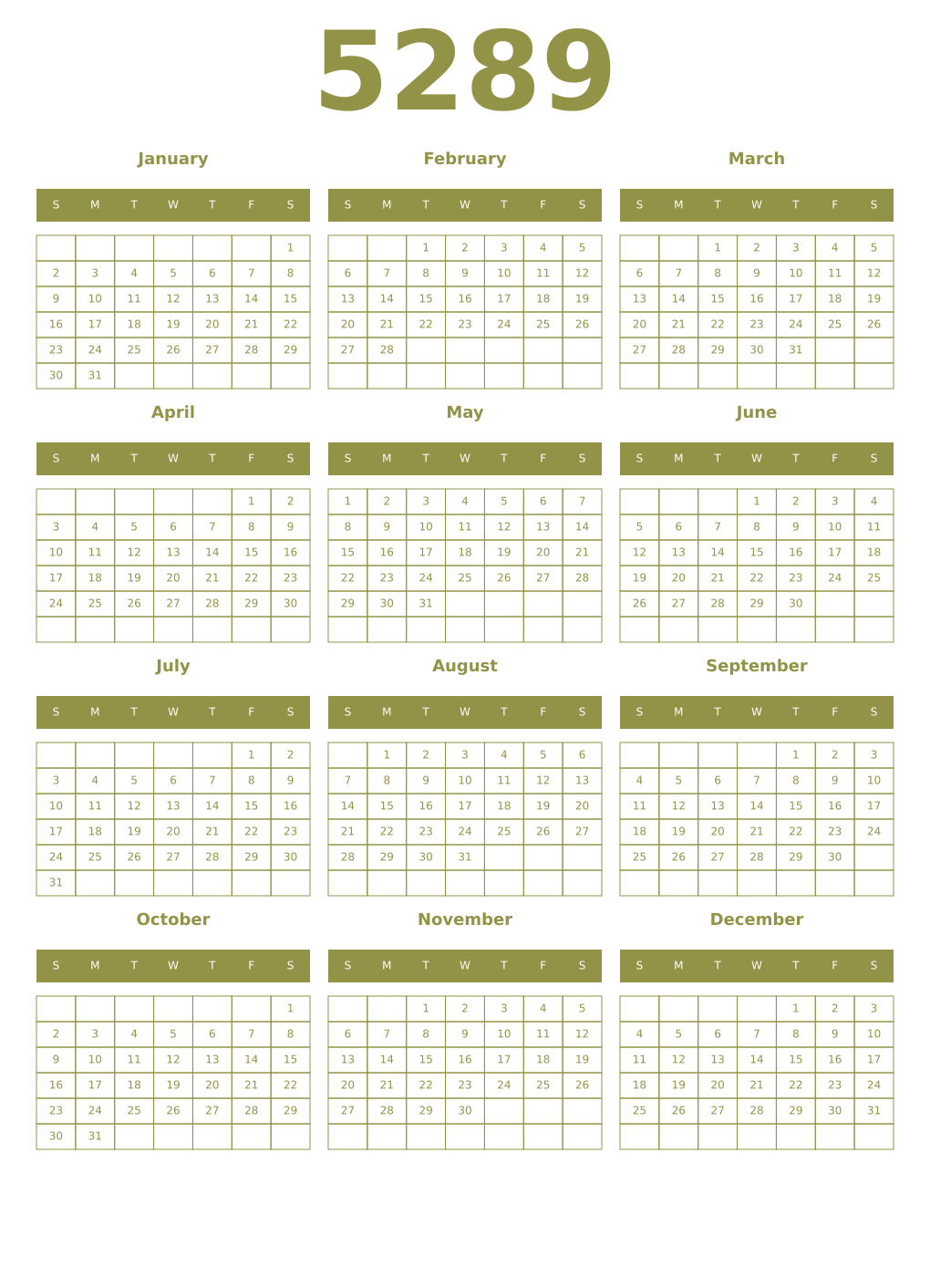Printable 5289 Year Calendars eburnean