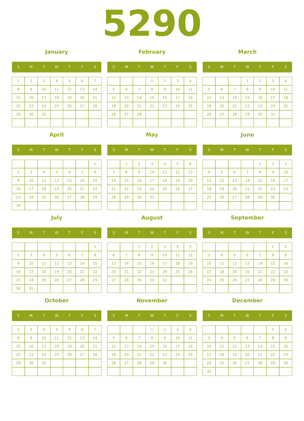 Printable 5290 Year Calendars chartreuse