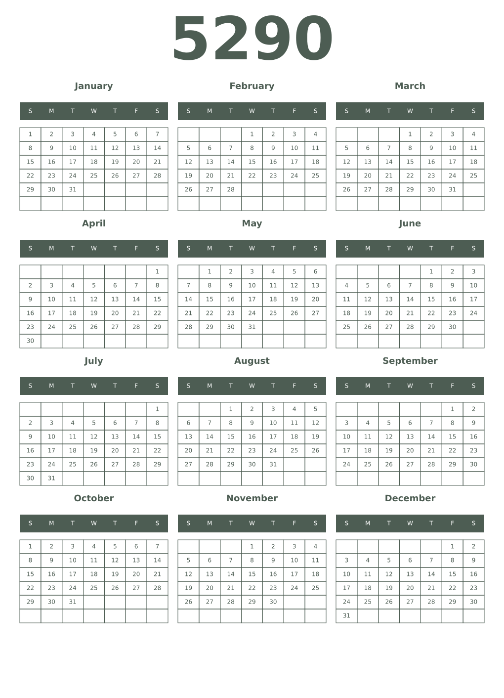 Printable 5290 Year Calendars feldgrau