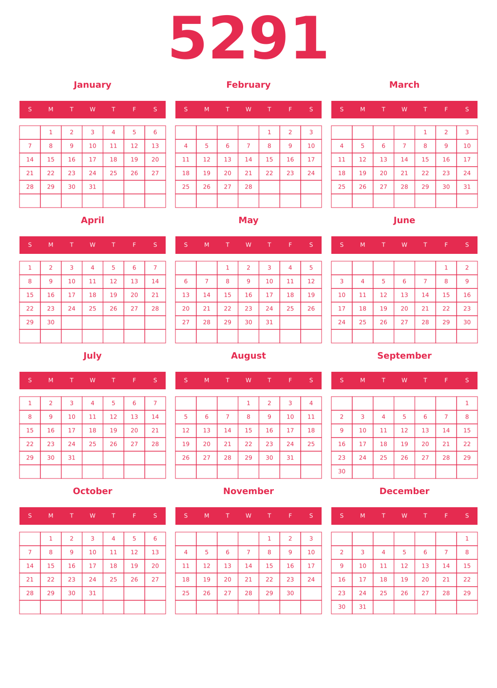 Printable 5291 Year Calendars amaranth