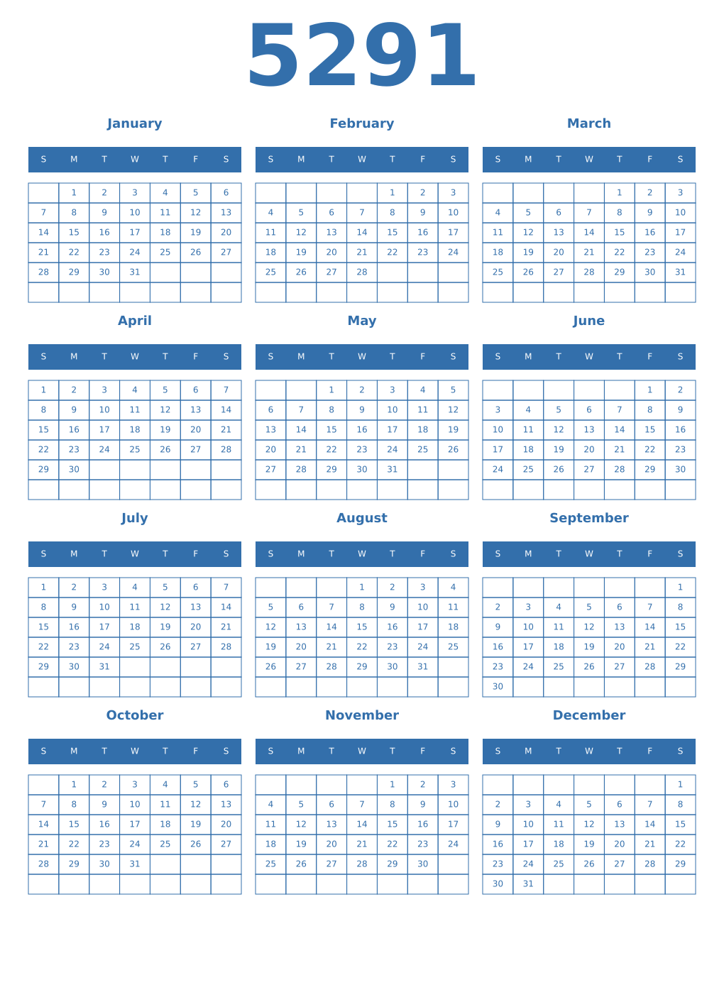 Printable 5291 Year Calendars blue