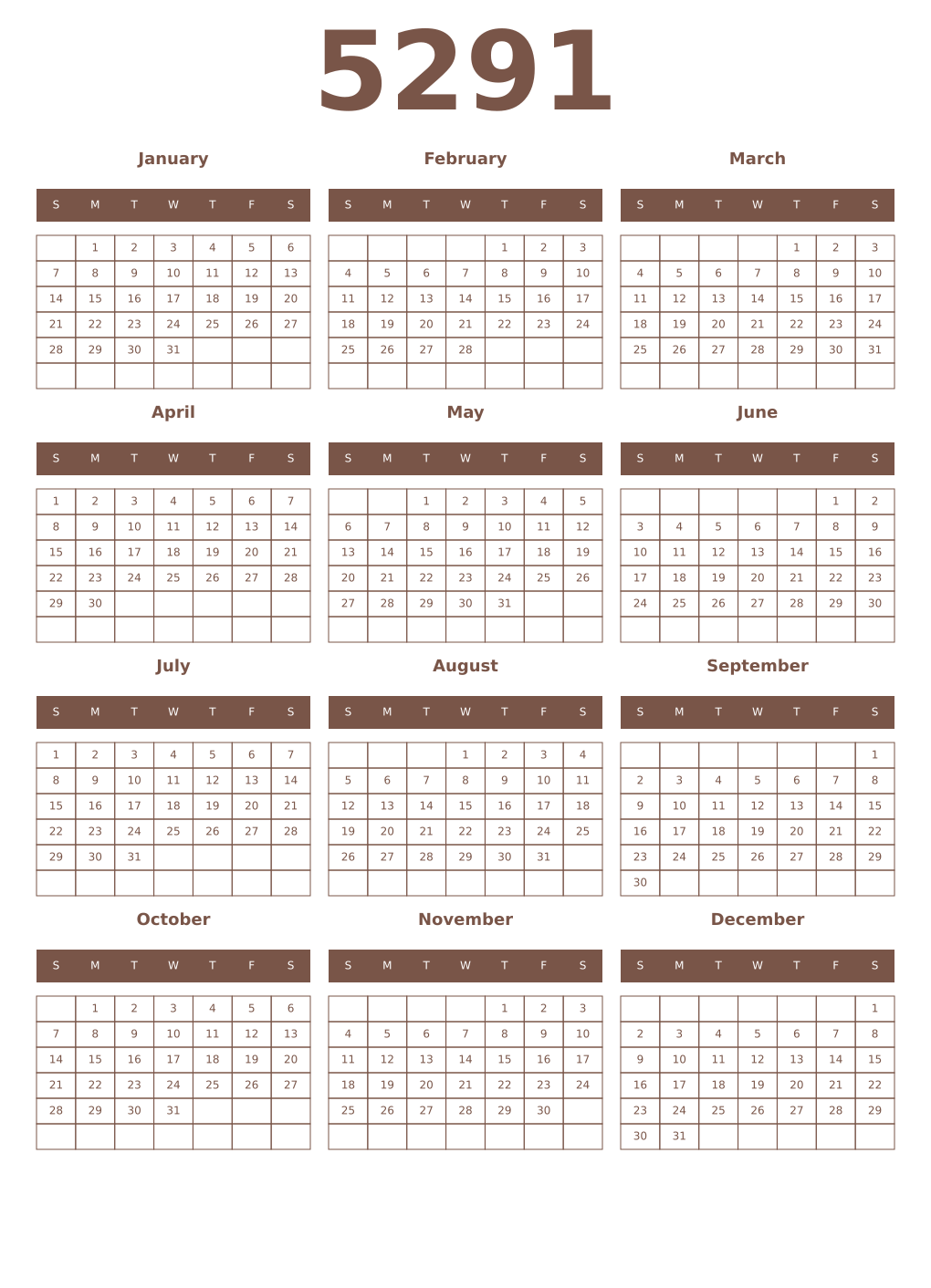 Printable 5291 Year Calendars coffe