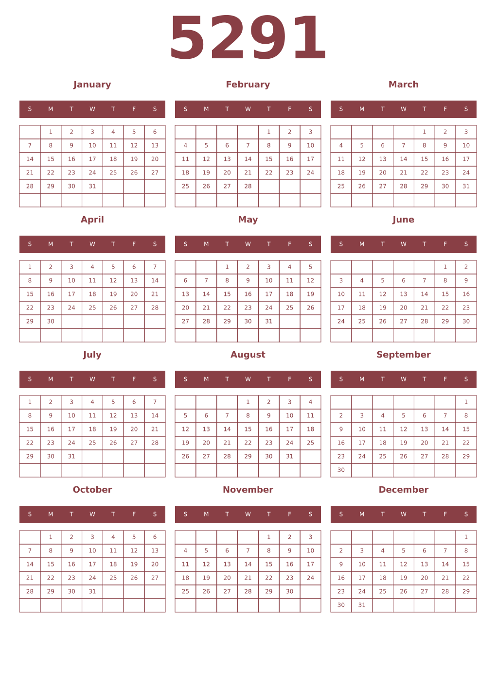 Printable 5291 Year Calendars cordovan