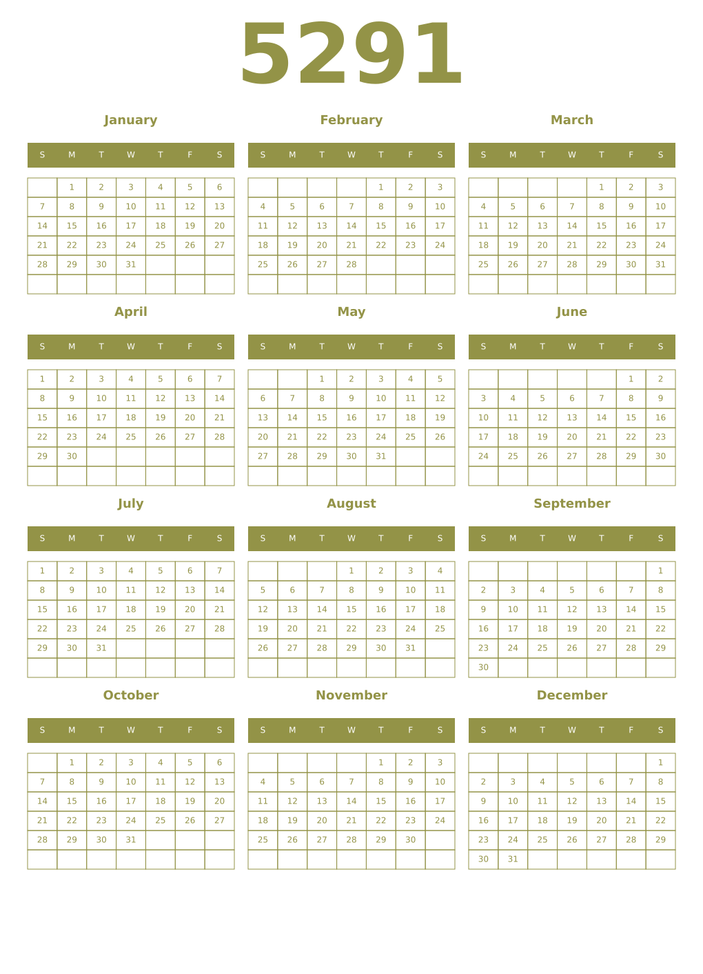 Printable 5291 Year Calendars eburnean