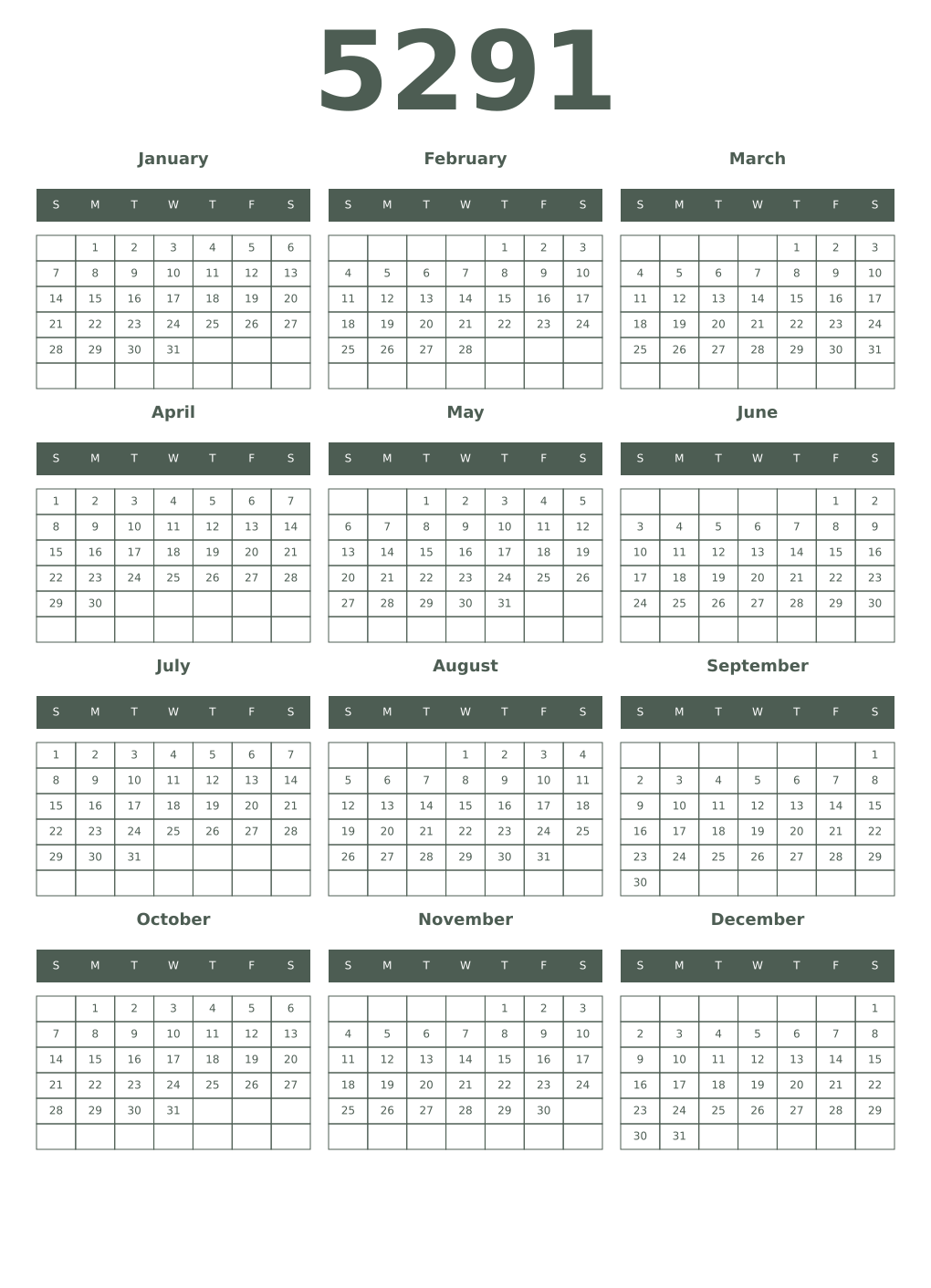 Printable 5291 Year Calendars feldgrau