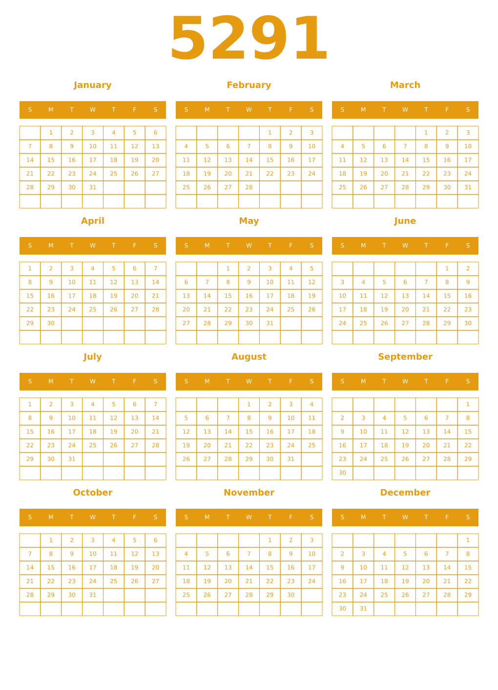 Printable 5291 Year Calendars gamboge