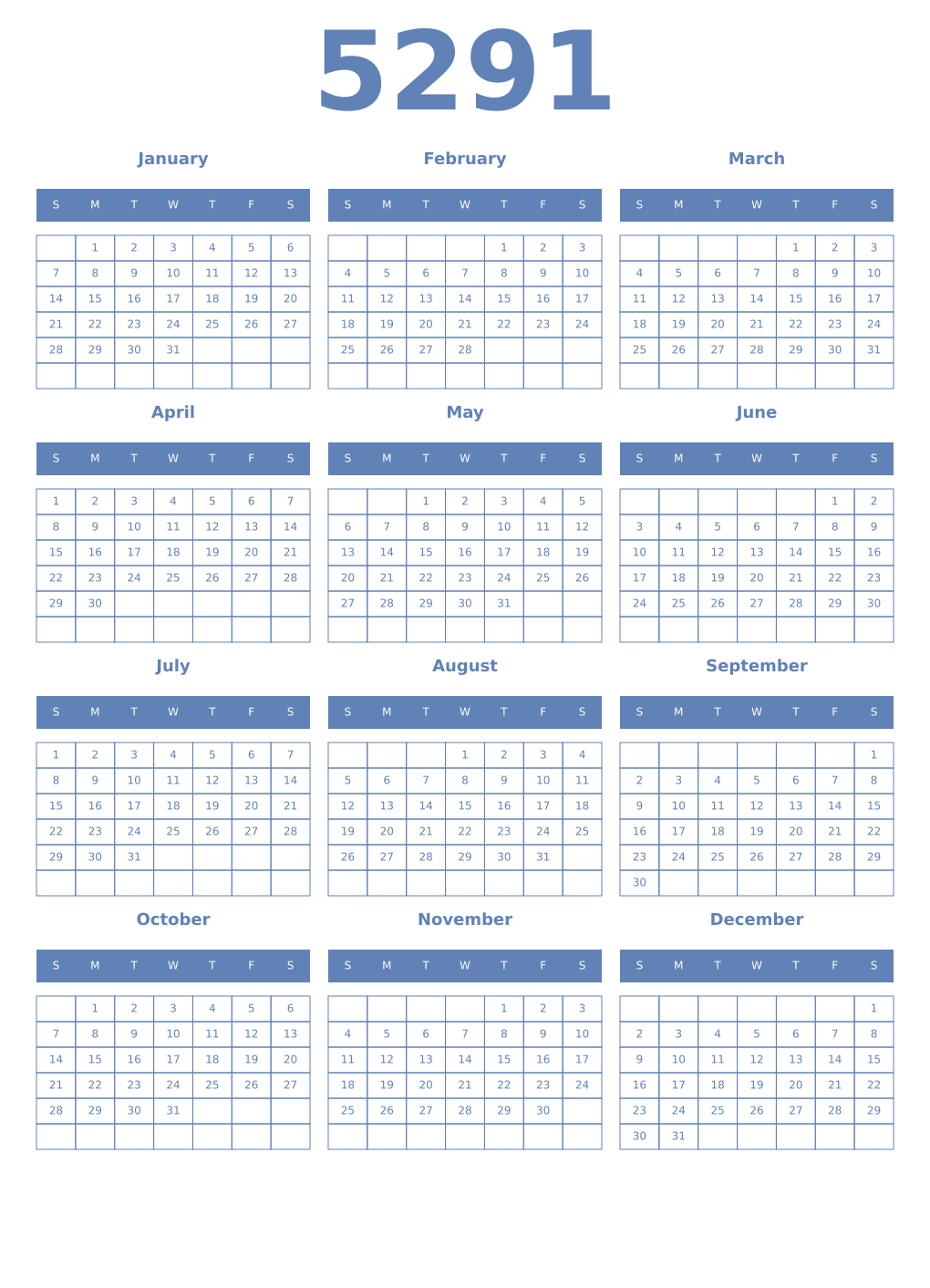 Printable 5291 Year Calendars glaucous