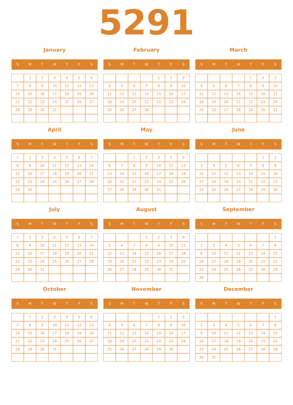 Printable 5291 Year Calendars orange