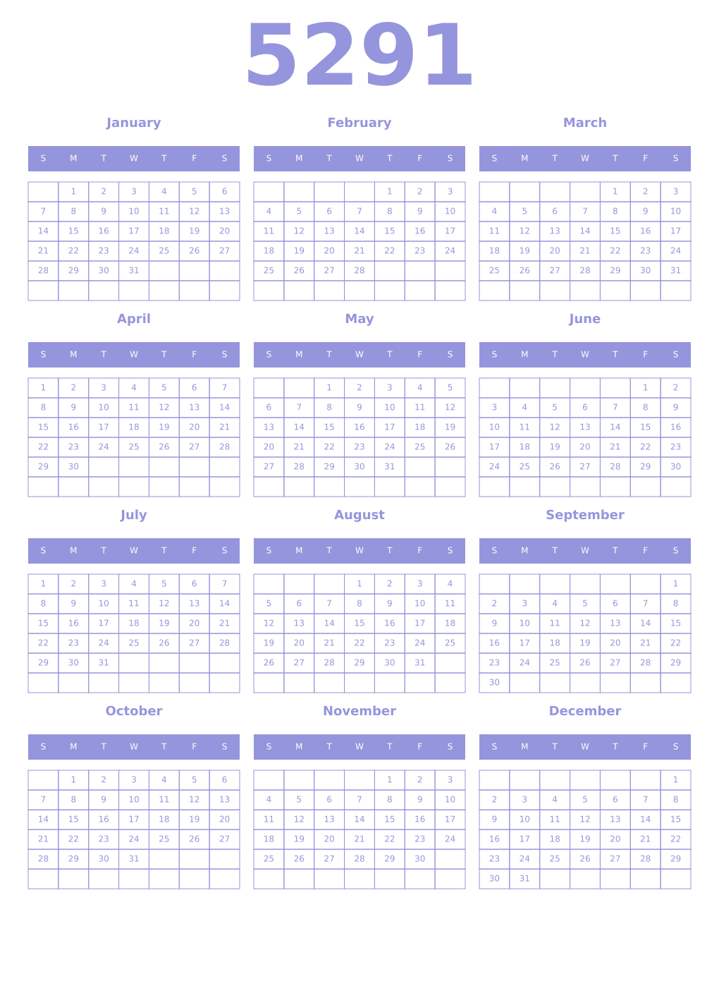 Printable 5291 Year Calendars periwinkle