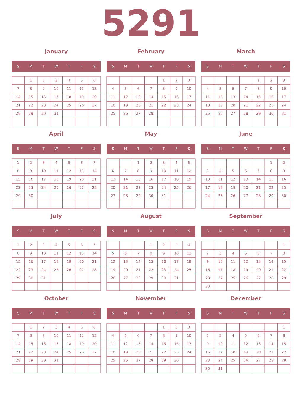 Printable 5291 Year Calendars puce