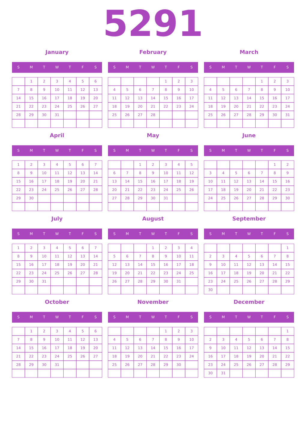 Printable 5291 Year Calendars purple