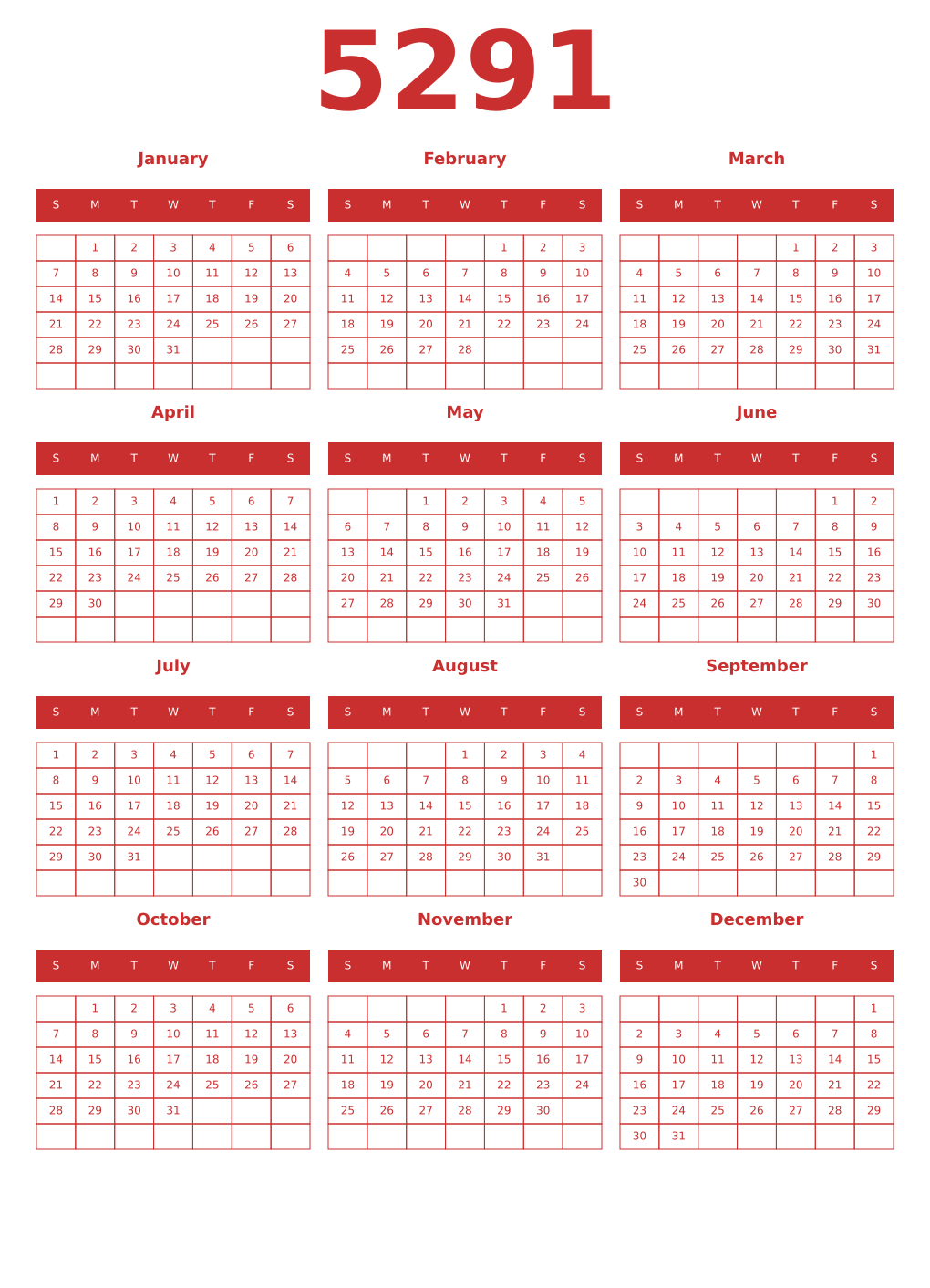Printable 5291 Year Calendars red