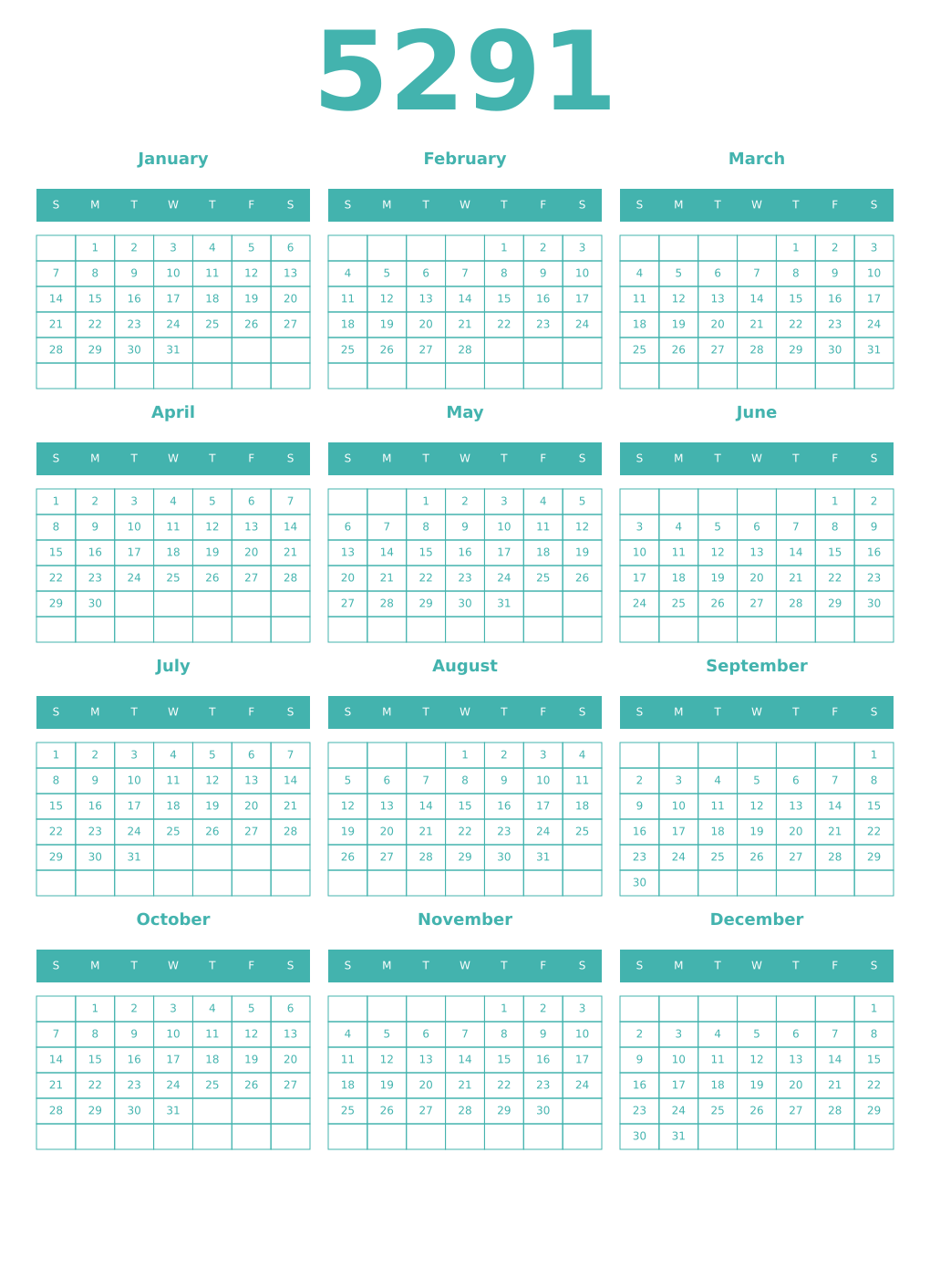 Printable 5291 Year Calendars verdigris