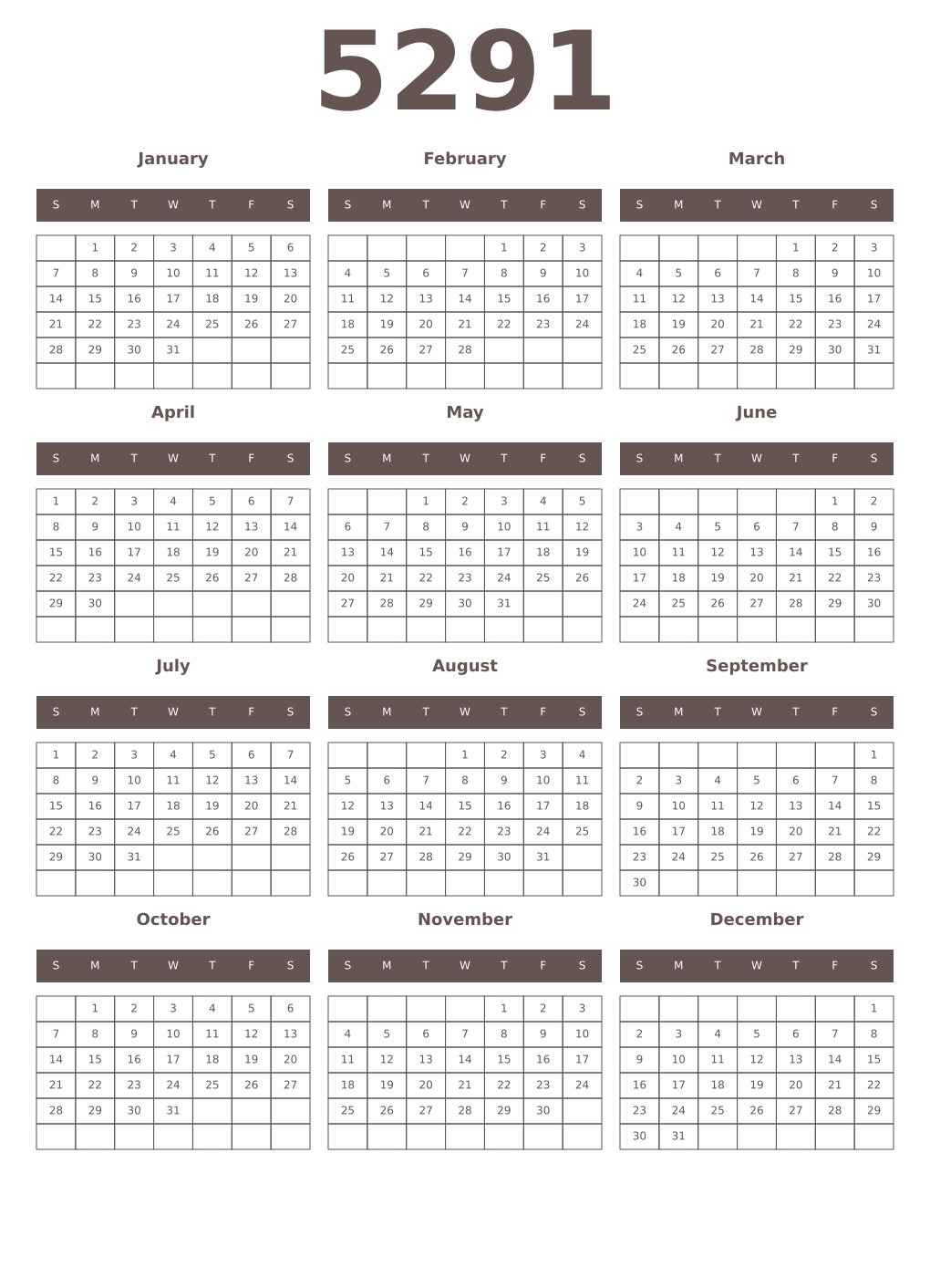 Printable 5291 Year Calendars wenge