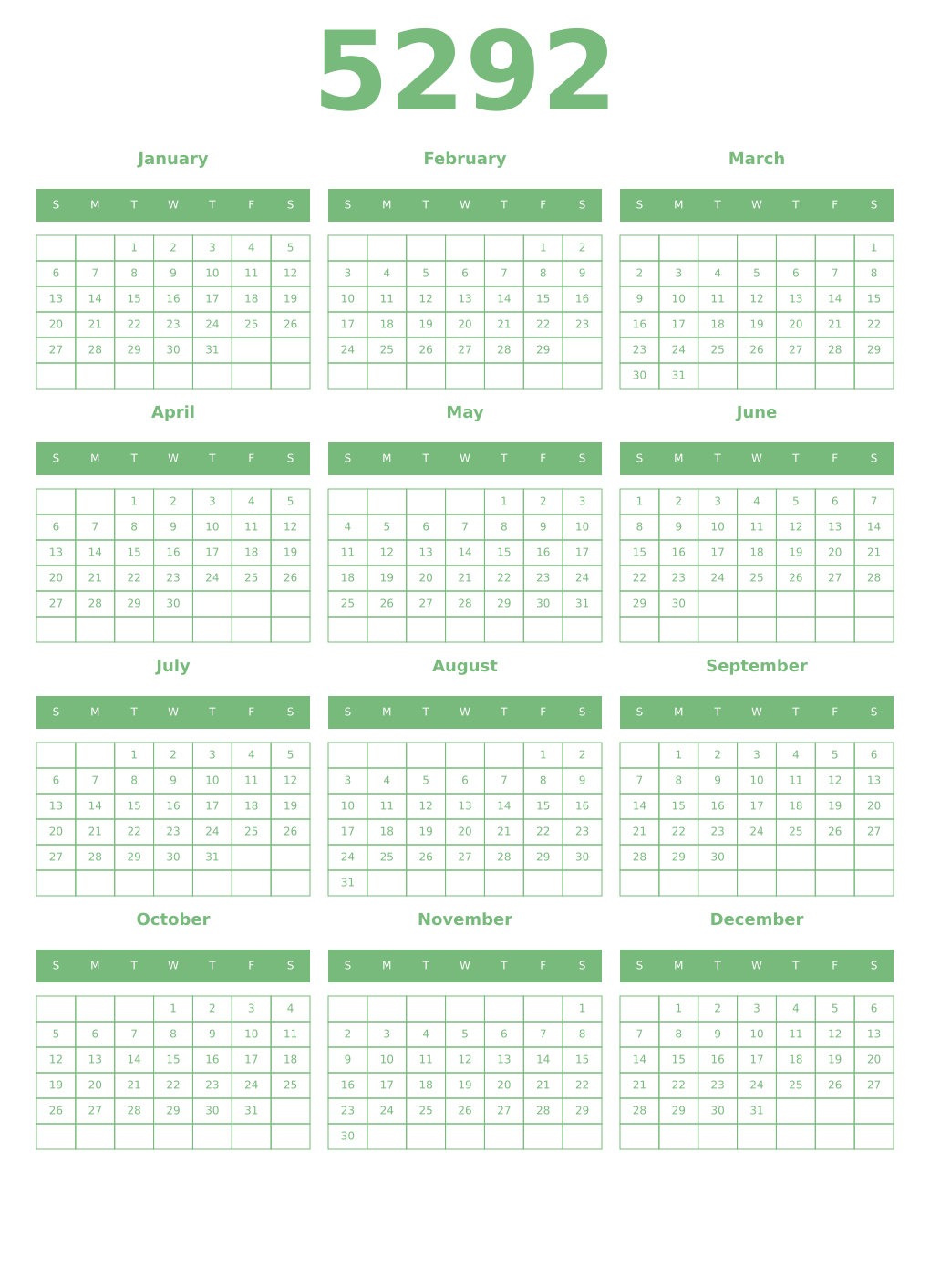 Printable 5292 Year Calendars celadon