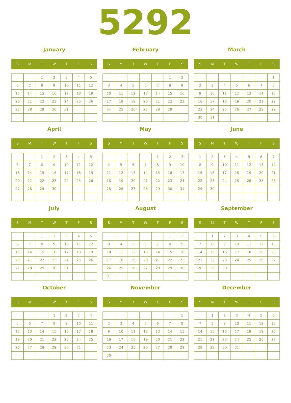 Printable 5292 Year Calendars chartreuse