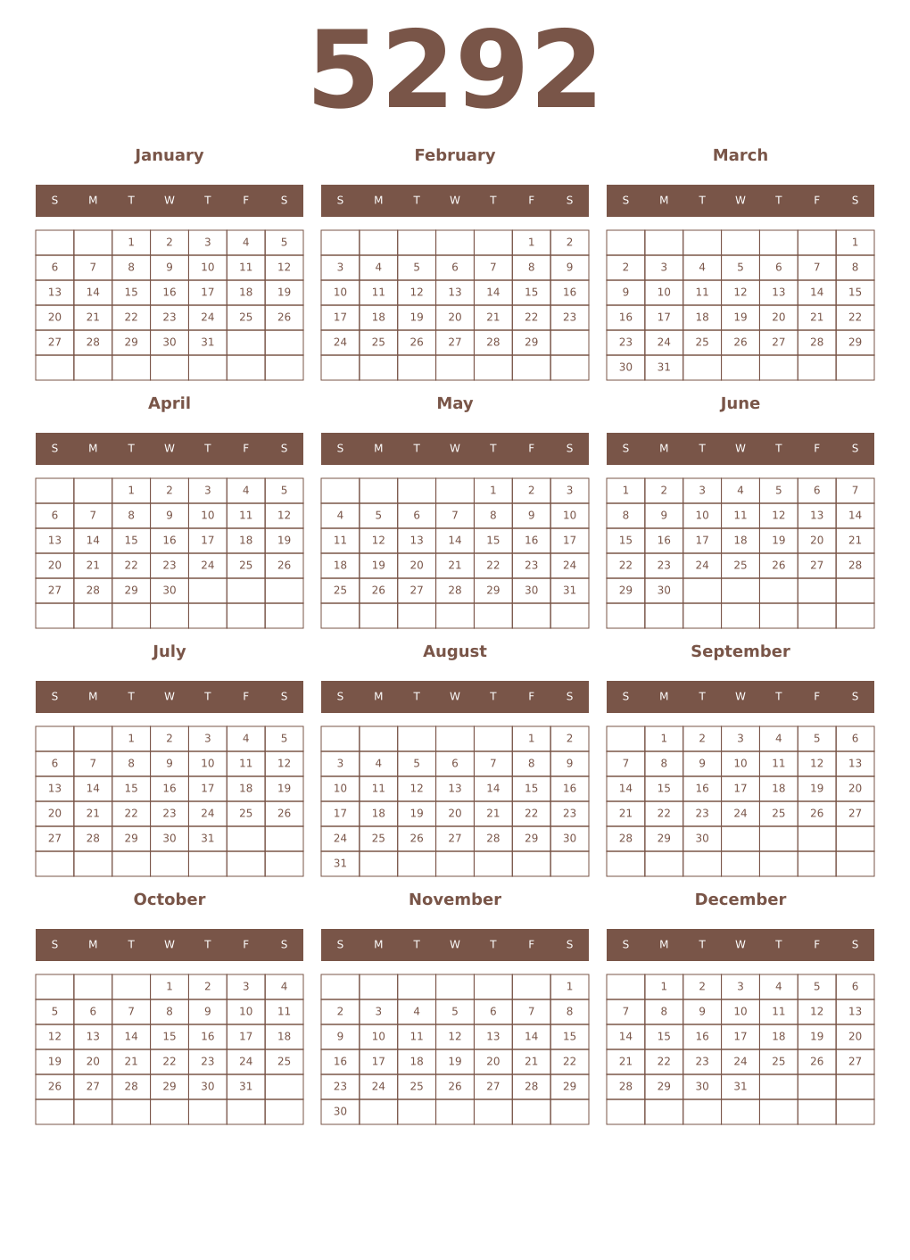 Printable 5292 Year Calendars coffe