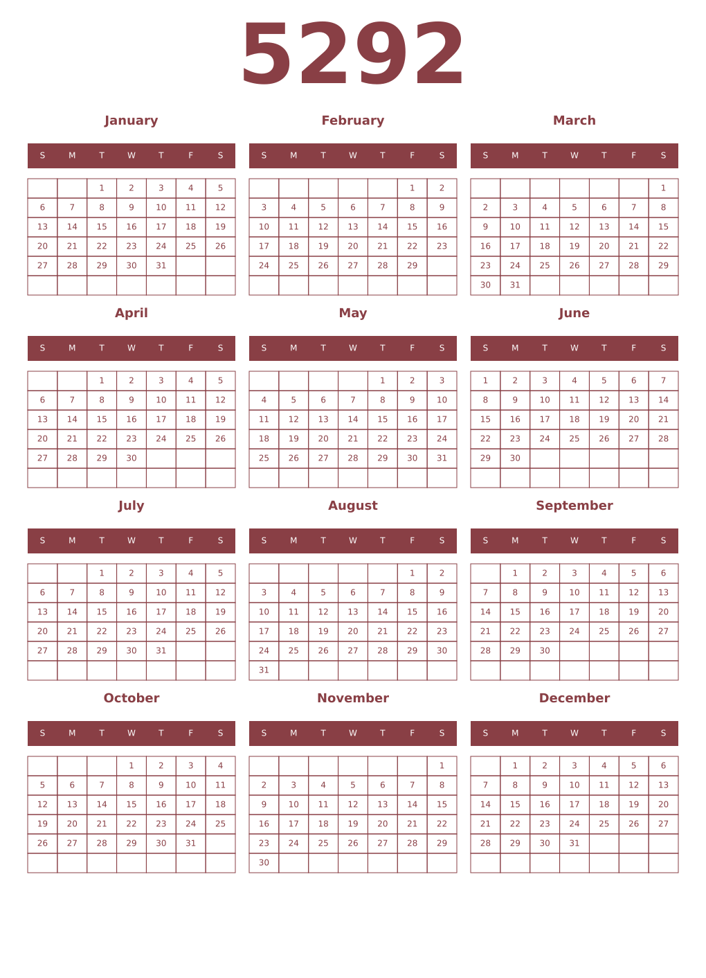 Printable 5292 Year Calendars cordovan