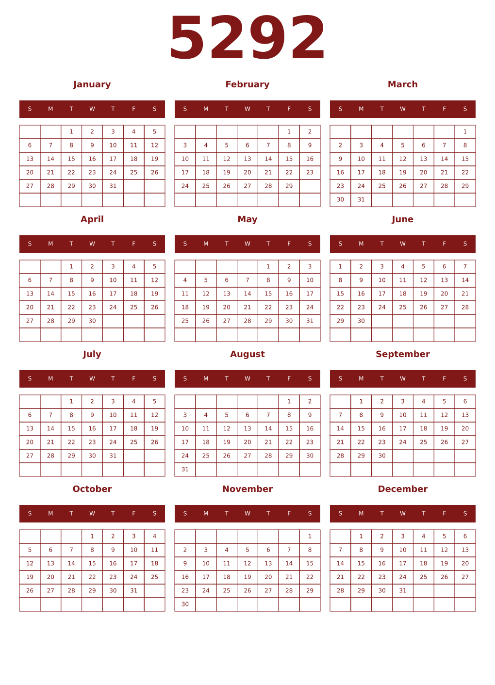 Printable 5292 Year Calendars falu