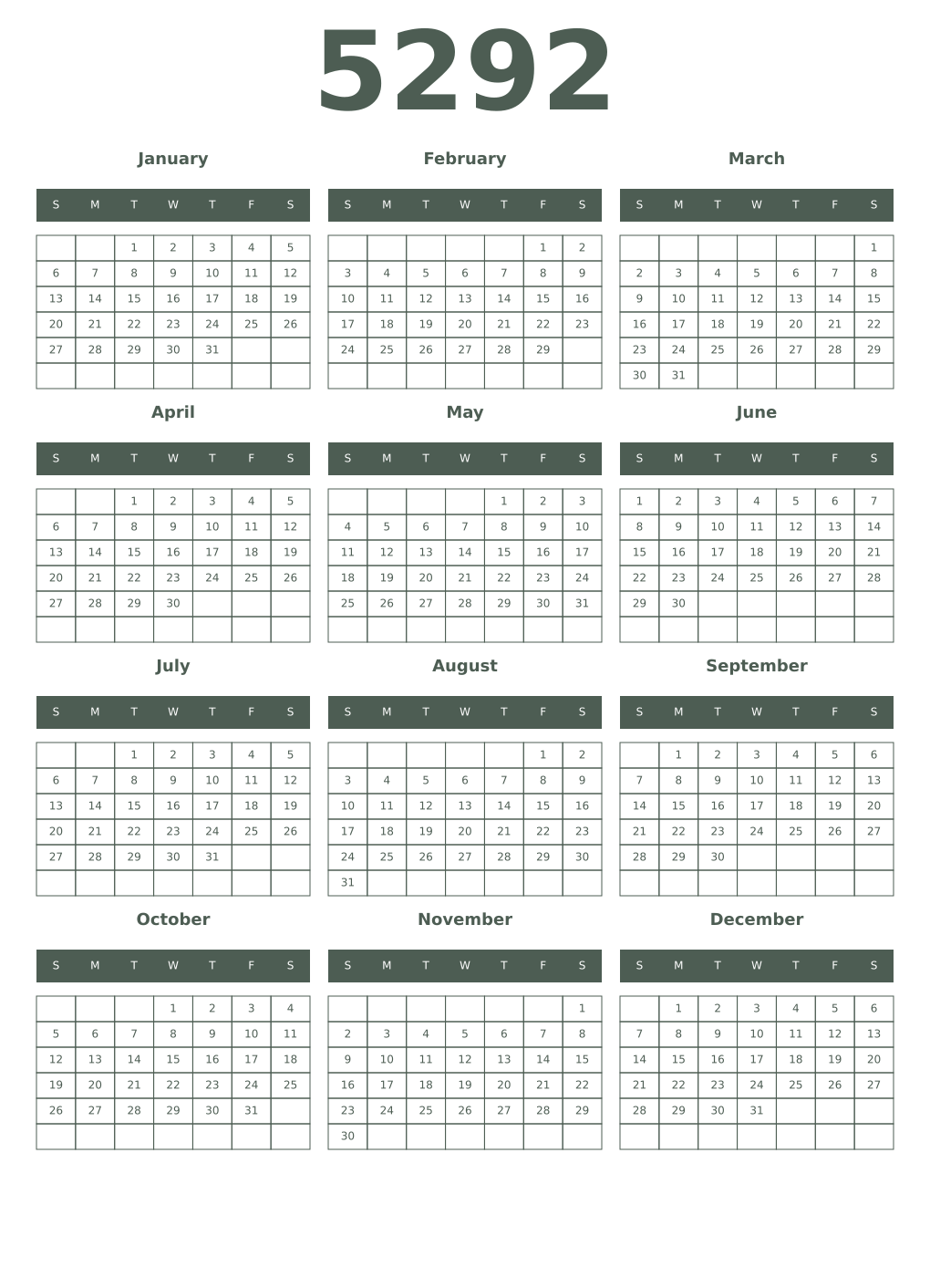 Printable 5292 Year Calendars feldgrau