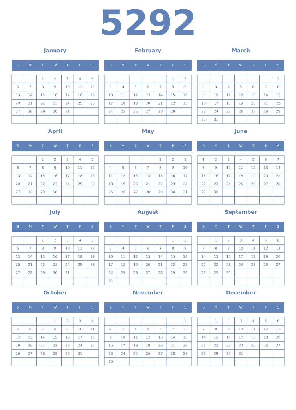 Printable 5292 Year Calendars glaucous