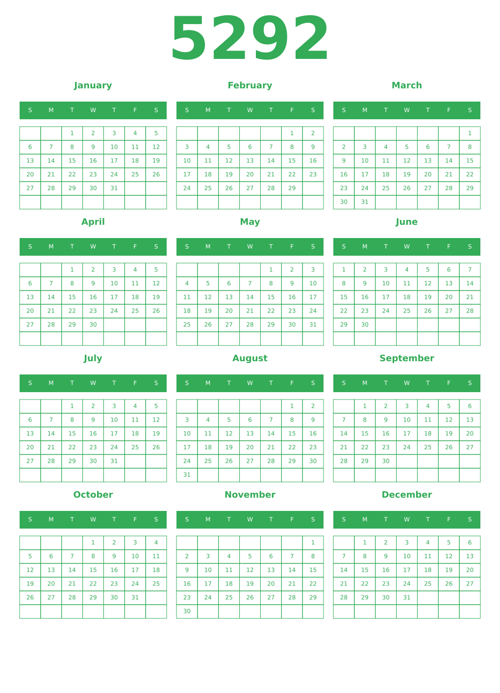 Printable 5292 Year Calendars green