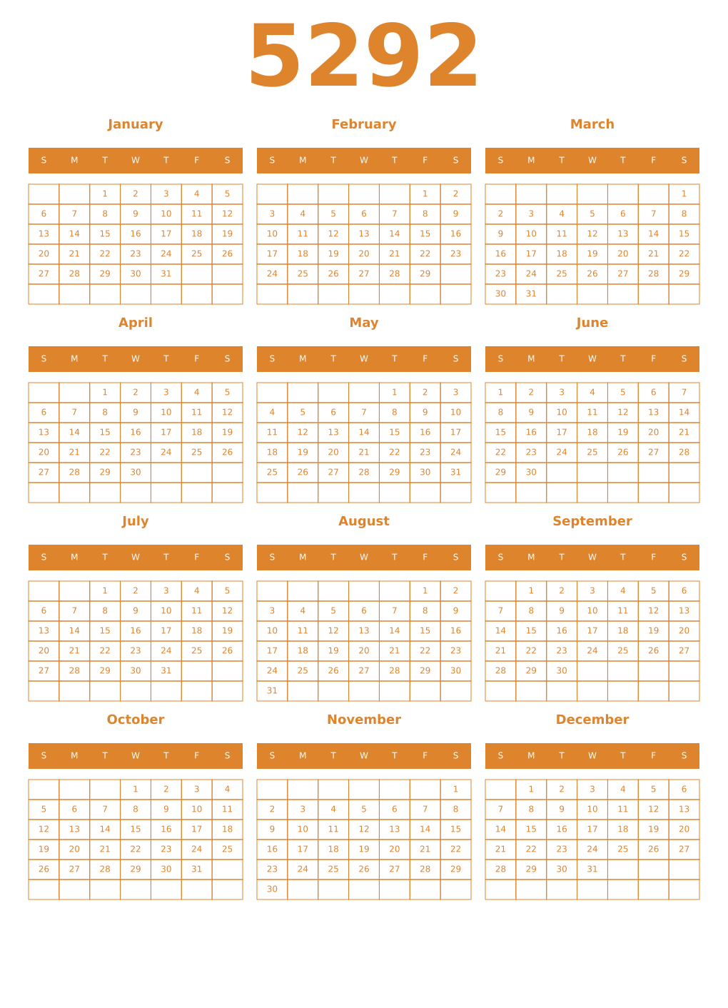 Printable 5292 Year Calendars orange
