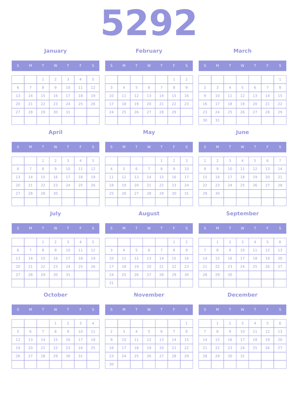 Printable 5292 Year Calendars periwinkle