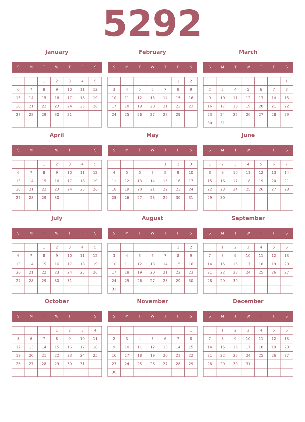 Printable 5292 Year Calendars puce