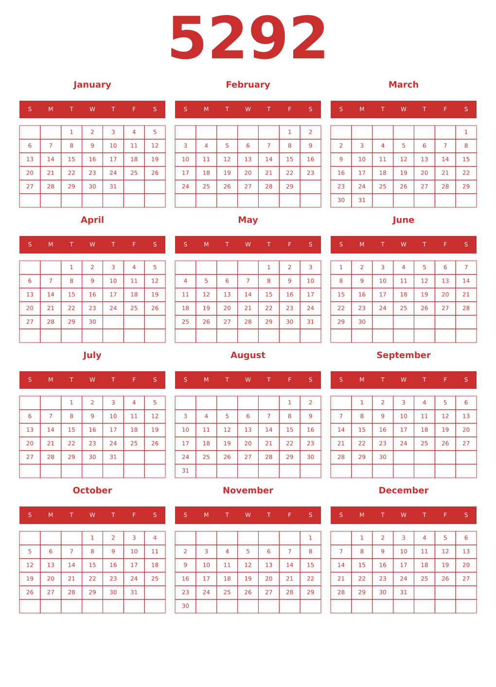 Printable 5292 Year Calendars red