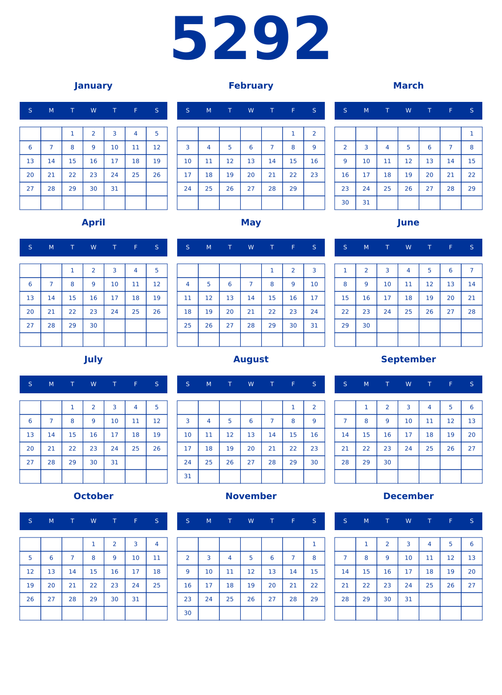 Printable 5292 Year Calendars smalt