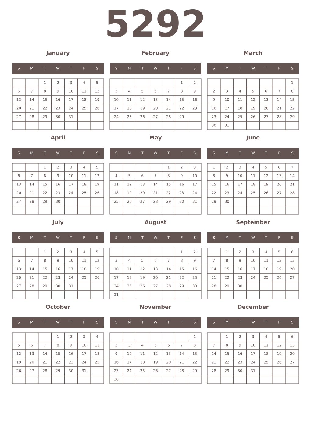 Printable 5292 Year Calendars wenge