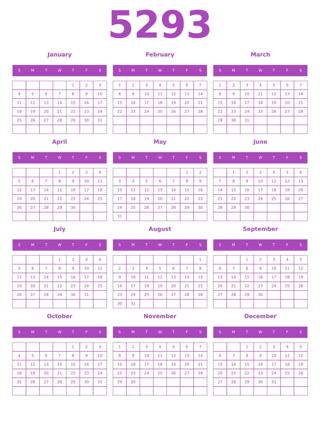 Printable 5293 Calendars