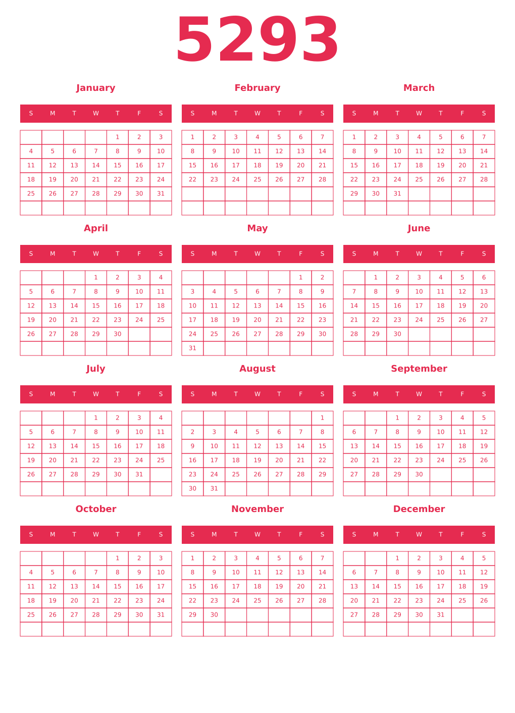 Printable 5293 Year Calendars amaranth
