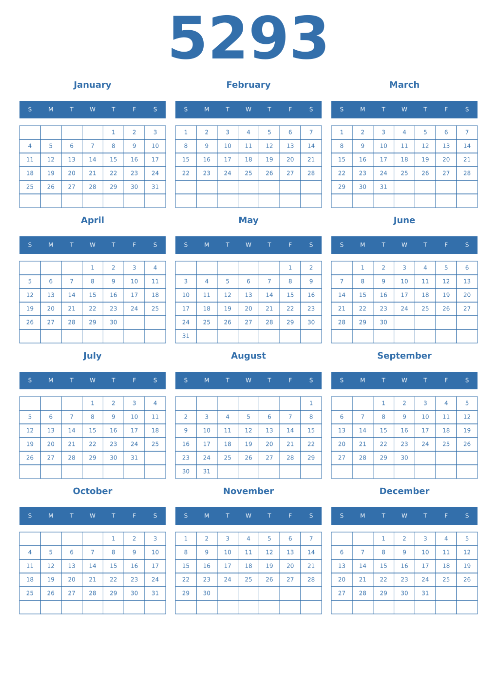 Printable 5293 Year Calendars blue