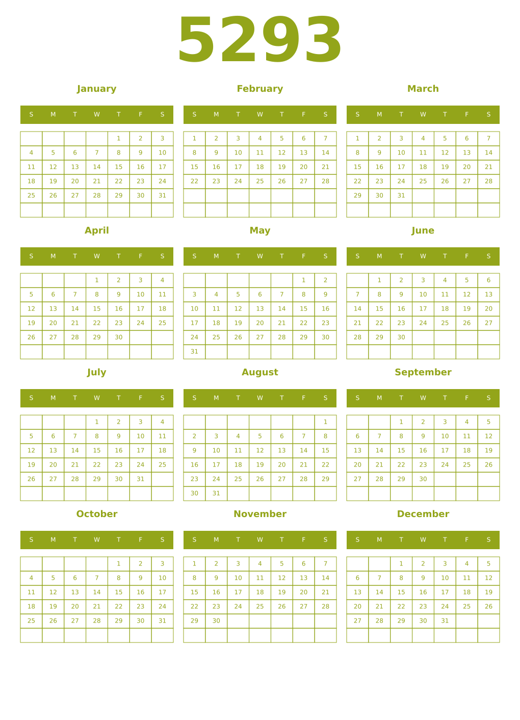 Printable 5293 Year Calendars chartreuse