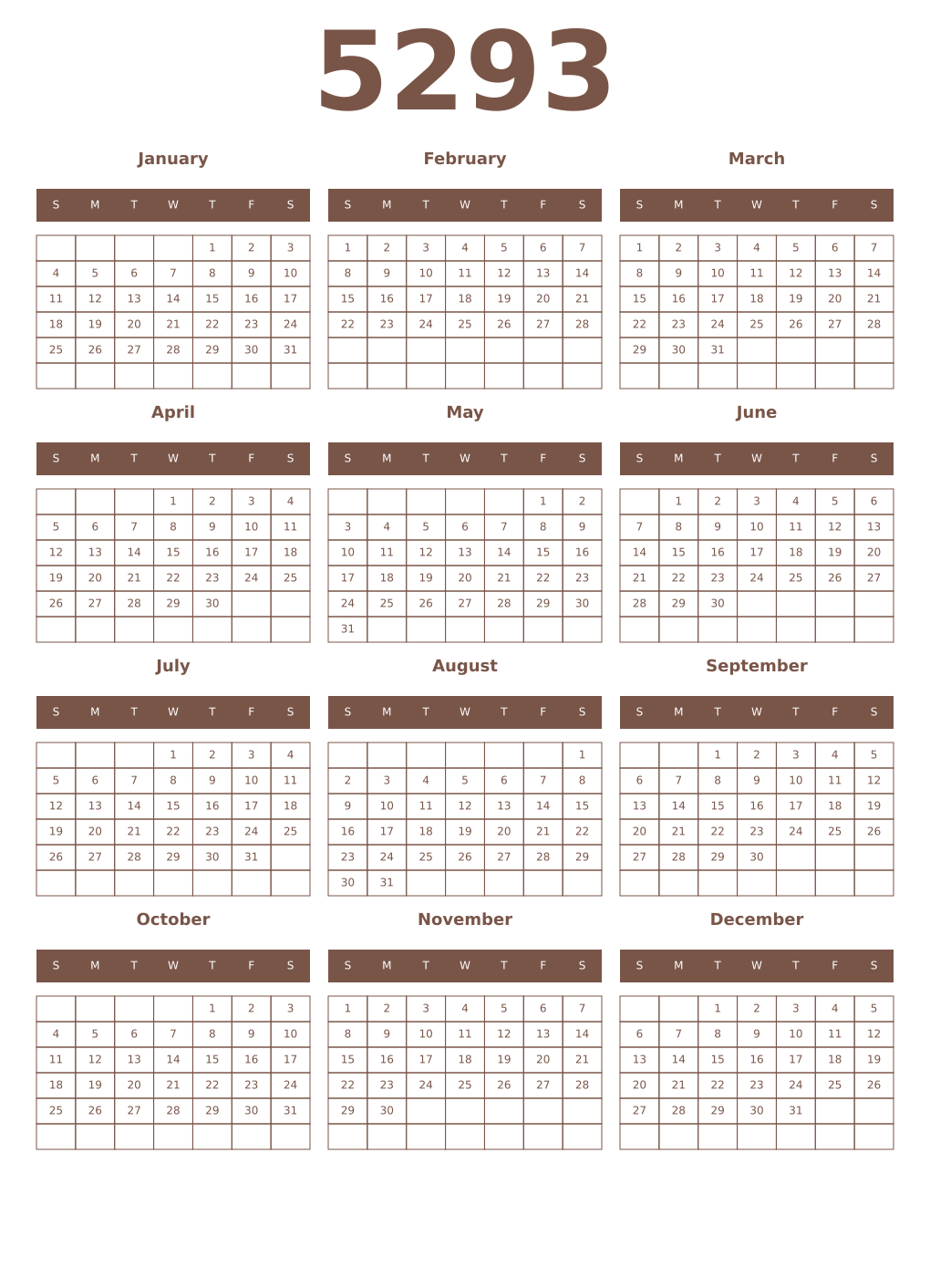 Printable 5293 Year Calendars coffe