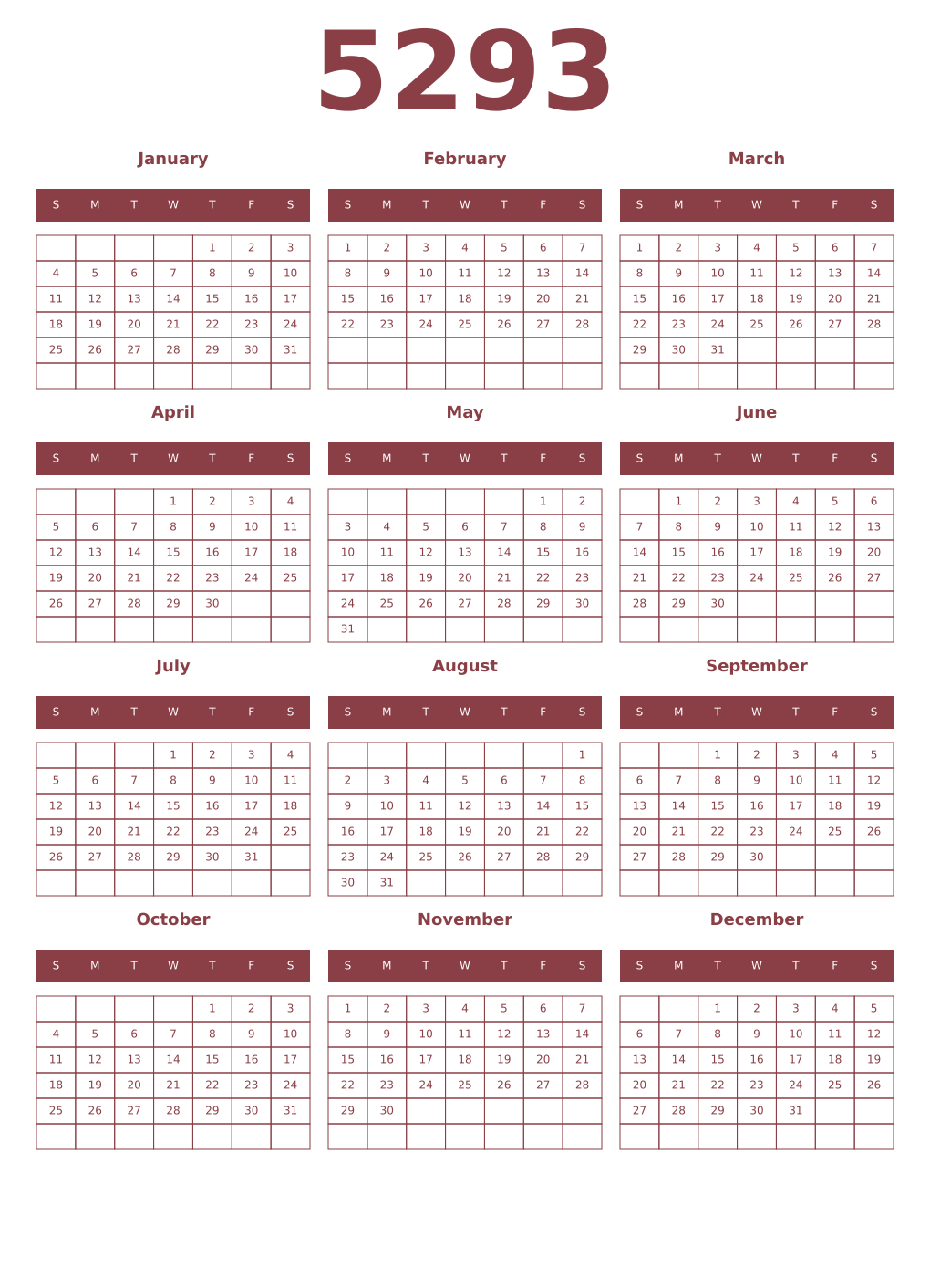 Printable 5293 Year Calendars cordovan